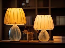 Lamp. Night light by the bedside table with warm light. Intimate setting. Lamp for reading a book on the bed. Created with Generative AI technology. photo