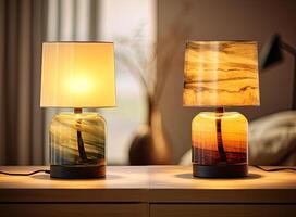 Lamp. Night light by the bedside table with warm light. Intimate setting. Lamp for reading a book on the bed. Created with Generative AI technology. photo