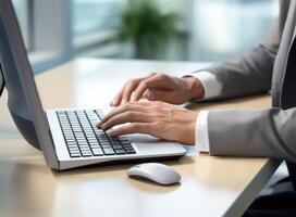 Close-up of unrecognizable businessman with smart watch sitting at desk and using wireless mouse and keyboard. Created with Generative AI technology. photo