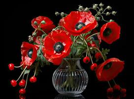 remembranza día saludo tarjeta. hermosa rojo amapolas flores en negro antecedentes. para que no nosotros olvidar. creado con generativo ai tecnología. foto