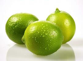 Natural fresh lime with water drops and sliced, green leaf isolated on white background. Created with Generative AI technology. photo