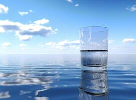 Pouring water into a glass against the nature background. Created with Generative AI technology. photo