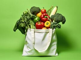 Eco bag with products on color background. Created with Generative AI technology. photo