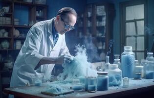 Medical Research Laboratory Portrait of a Beautiful Female Scientist in Goggles Using Micro Pipette for Test Analysis. Advanced Scientific Lab for Medicine, Created with Generative AI technology. photo