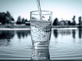 Pouring water into a glass against the nature background. Created with Generative AI technology. photo