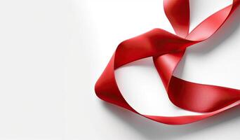 Delicate red wavy ribbon isolated on white background. New Year or Christmas holidays decoration concept. Created with Generative AI technology. photo