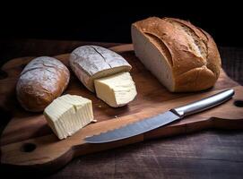 Foil wrapped processed cream cheese, table knife and slice of bread on a cutting board over blue wooden table. Small triangular pieces of soft cheese. Created with Generative AI technology. photo