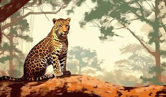 Sri Lankan leopard, Panthera pardus kotiya, laying on a tree, surrounded by dense vegetation. Created with Generative AI technology. photo