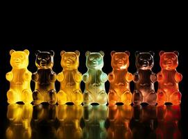 Jelly bears on a black background. Multicolored sweets on a black background. Created with Generative AI technology. photo