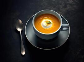 Fresh fish soup in bowl on black background, top view. Created with Generative AI technology. photo