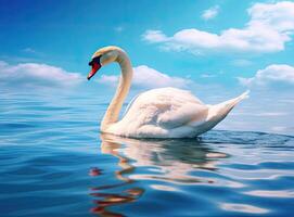 White swan in the foggy lake at the dawn. Morning lights. Romantic background. Beautiful swan. Cygnus. Romance of white swan with clear beautiful landscape. Created with Generative AI technology. photo