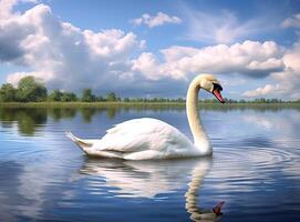 White swan in the foggy lake at the dawn. Morning lights. Romantic background. Beautiful swan. Cygnus. Romance of white swan with clear beautiful landscape. Created with Generative AI technology. photo