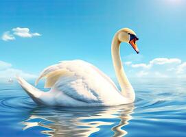 White swan in the foggy lake at the dawn. Morning lights. Romantic background. Beautiful swan. Cygnus. Romance of white swan with clear beautiful landscape. Created with Generative AI technology. photo