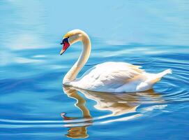 White swan in the foggy lake at the dawn. Morning lights. Romantic background. Beautiful swan. Cygnus. Romance of white swan with clear beautiful landscape. Created with Generative AI technology. photo
