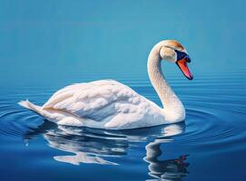 White swan in the foggy lake at the dawn. Morning lights. Romantic background. Beautiful swan. Cygnus. Romance of white swan with clear beautiful landscape. Created with Generative AI technology. photo