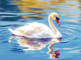 White swan in the foggy lake at the dawn. Morning lights. Romantic background. Beautiful swan. Cygnus. Romance of white swan with clear beautiful landscape. Created with Generative AI technology. photo
