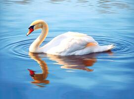 White swan in the foggy lake at the dawn. Morning lights. Romantic background. Beautiful swan. Cygnus. Romance of white swan with clear beautiful landscape. Created with Generative AI technology. photo