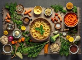 Fresh fish soup in bowl on black background, top view. Created with Generative AI technology. photo