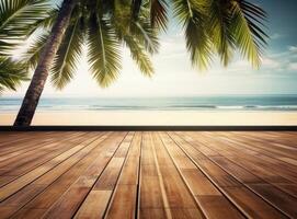 Empty wooden table and palm leaves with party on beach blurred background in summer time. Created with Generative AI technology. photo