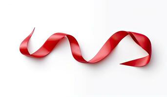 Delicate red wavy ribbon isolated on white background. New Year or Christmas holidays decoration concept. Created with Generative AI technology. photo