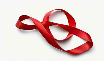 Delicate red wavy ribbon isolated on white background. New Year or Christmas holidays decoration concept. Created with Generative AI technology. photo