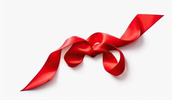 Delicate red wavy ribbon isolated on white background. New Year or Christmas holidays decoration concept. Created with Generative AI technology. photo