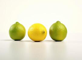 Natural fresh lime with water drops and sliced, green leaf isolated on white background. Created with Generative AI technology. photo