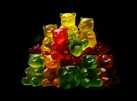 Jelly bears on a black background. Multicolored sweets on a black background. Created with Generative AI technology. photo