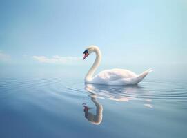 White swan in the foggy lake at the dawn. Morning lights. Romantic background. Beautiful swan. Cygnus. Romance of white swan with clear beautiful landscape. Created with Generative AI technology. photo
