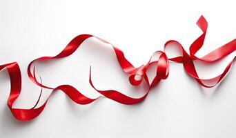 Delicate red wavy ribbon isolated on white background. New Year or Christmas holidays decoration concept. Created with Generative AI technology. photo