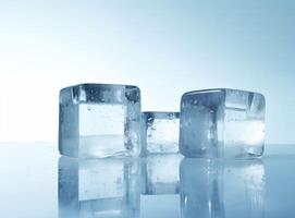 Three melting ice cubes on glass table. On white background. Created with Generative AI technology. photo