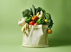 Eco bag with products on color background. Created with Generative AI technology. photo