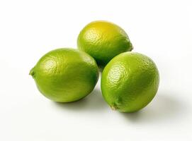 Natural fresh lime with water drops and sliced, green leaf isolated on white background. Created with Generative AI technology. photo