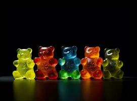 Jelly bears on a black background. Multicolored sweets on a black background. Created with Generative AI technology. photo