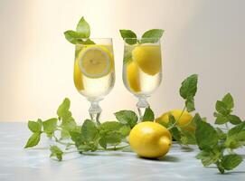 Organic cold refreshing lemonade drink or cocktail made of sparkling water, lime slices and fresh green mint leaves served in tall drinking glass Created with Generative AI technology. photo