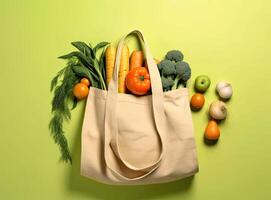 Eco bag with products on color background. Created with Generative AI technology. photo