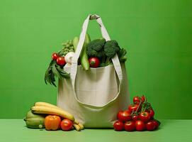 Eco bag with products on color background. Created with Generative AI technology. photo