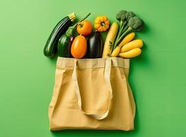 Eco bag with products on color background. Created with Generative AI technology. photo