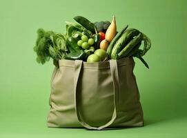 Eco bag with products on color background. Created with Generative AI technology. photo