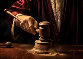 Judge gavel with Justice lawyers having team meeting at law firm in background. Concepts of law. Created with Generative AI technology. photo