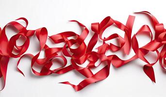 Delicate red wavy ribbon isolated on white background. New Year or Christmas holidays decoration concept. Created with Generative AI technology. photo