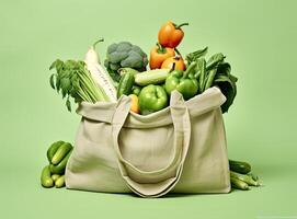 Eco bag with products on color background. Created with Generative AI technology. photo