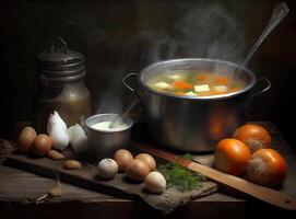 Fresh fish soup in bowl on black background, top view. Created with Generative AI technology. photo