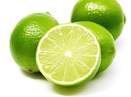 Natural fresh lime with water drops and sliced, green leaf isolated on white background. Created with Generative AI technology. photo