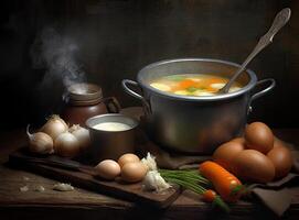 Fresh fish soup in bowl on black background, top view. Created with Generative AI technology. photo