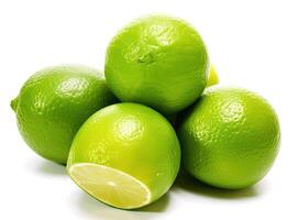 Natural fresh lime with water drops and sliced, green leaf isolated on white background. Created with Generative AI technology. photo
