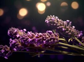 Close-up of lavender flowers, Soft focus on black background. Created with Generative AI technology. photo