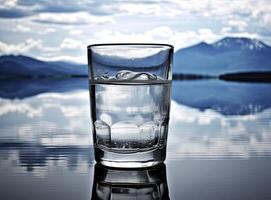 Pouring water into a glass against the nature background. Created with Generative AI technology. photo