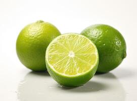 Natural fresh lime with water drops and sliced, green leaf isolated on white background. Created with Generative AI technology. photo