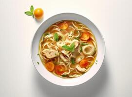 Homemade chicken soup with noodles and vegetables in a white bowl, white background. Healthy warm comfortable food. Created with Generative AI technology. photo